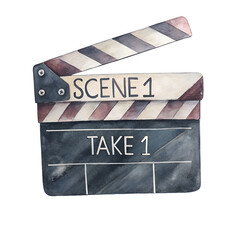 Naklejka premium Watercolor Movie Clapper Board Scene One on Transparent Background