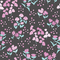 Fantasy Flowers in Shades of Pinks with Teal Green Leaves on Deep Burgundy creating a seamless pattern print