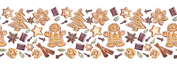 Watercolor seamless border with Christmas gingerbread man and chocolate and spice condiment on white background. Celebration winter New Year dessert food and nut for menu. Cookie rim for wallpaper