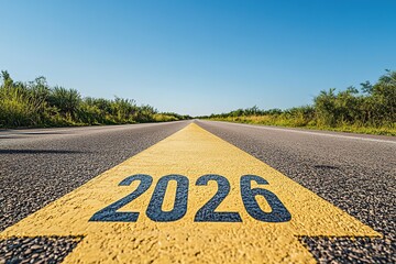 Asphalt road with marking 2026 and blue sky, Ai generated