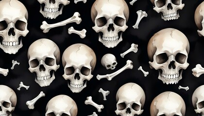A black background featuring a repeating pattern of skulls and bones, evoking a spooky Halloween theme