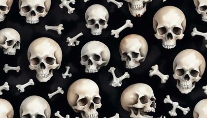 A dark pattern of skulls and bones on black, perfect for Halloween decorations and a haunted house atmosphere