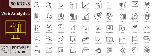 Web Analytics Line Icons Set with Editable Stroke for Digital Insights and Website Performance Tracking
