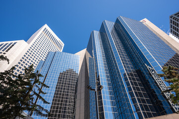 Looking up at tall buildings in Calgary Alberta.