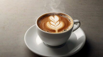 A hot cup of coffee with visible steam, placed on a clean white background. Use natural lighting and soft shadows to highlight the warmth and freshness of the drink. Simple and minimal composition  