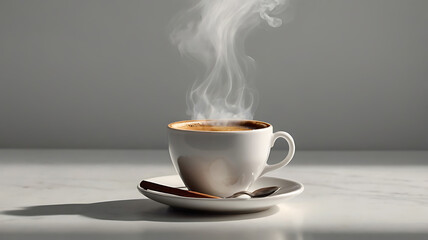 A hot cup of coffee with visible steam, placed on a clean white background. Use natural lighting and soft shadows to highlight the warmth and freshness of the drink. Simple and minimal composition  