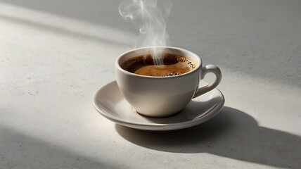 A hot cup of coffee with visible steam, placed on a clean white background. Use natural lighting and soft shadows to highlight the warmth and freshness of the drink. Simple and minimal composition  