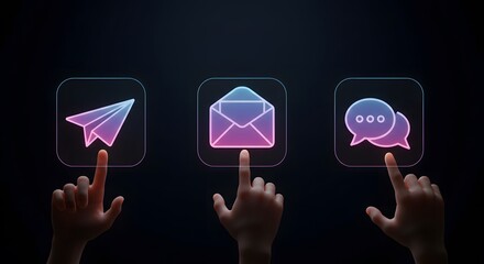 Neon Communication Icons: Hands Interact with Glowing Email, Messaging, and Paper Airplane Symbols on Dark Background