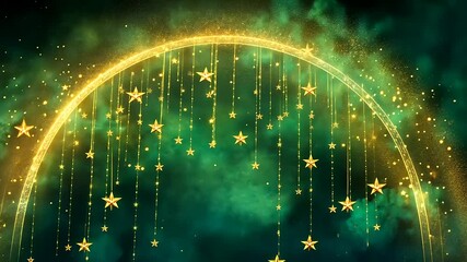 Enchanting golden stars cascading down against a mystical green backdrop, creating a magical atmosphere