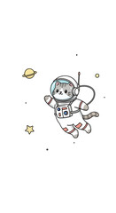 Fototapeta premium Cute Astronaut Cat Floating in Space with Ringed Planet and Stars