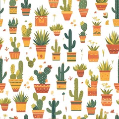 Succulents arranged in terracotta pots in flat vector design style, earth tones, seamless repeatable texture for backgrounds, wallpapers or prints.