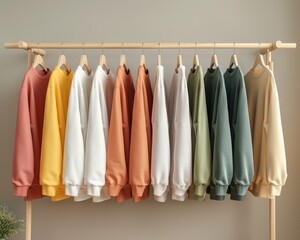 A row of colorful sweatshirts neatly hanging on wooden hangers from a wooden clothing rack against a neutral background.