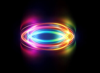 Abstract oval of vibrant light trails against black. Rainbow hues swirl, creating dynamic, energetic glow. Digital render with luminous, radiant effect.