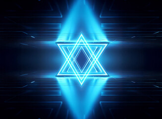 A vibrant neon blue six-pointed star intensely illuminates a dark geometric space with luminous streaks, creating a futuristic and abstract design.