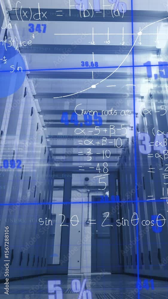 Poster animation of data processing and mathematical equations against empty computer server room