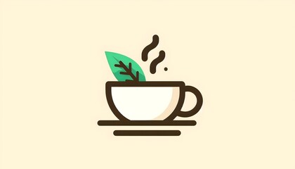 Herbal tea icon with hot steam rising from a small cup with green leaf on neutral cream background