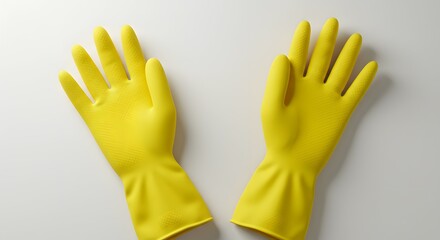 Obraz premium Vibrant Yellow Rubber Cleaning Gloves: Essential Household Protection and Dishwashing Tools on a Bright Background, Top View