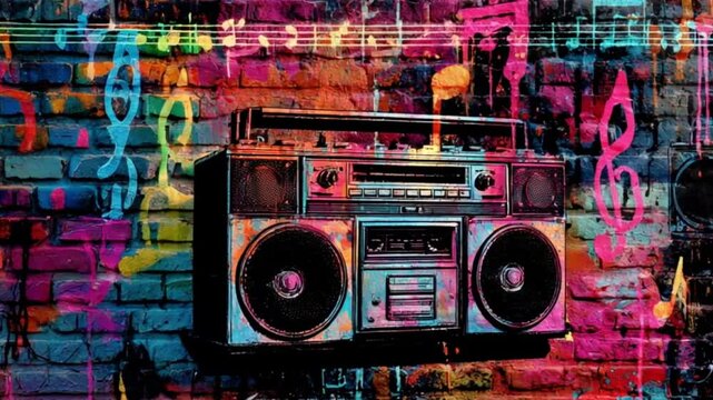 A colorful retro boombox on graffiti wall background shows 90s music vibe, urban culture, and funky street style with bold design
