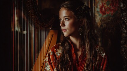 Woman in ornate robe, harp background