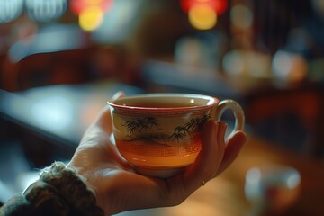 Female hand holding a cup of tea in a cafe, Ai Generated