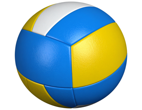 3D Rendered Volleyball with Blue-Yellow Panels at Top-Down Angle, Isolated on Transparent Background