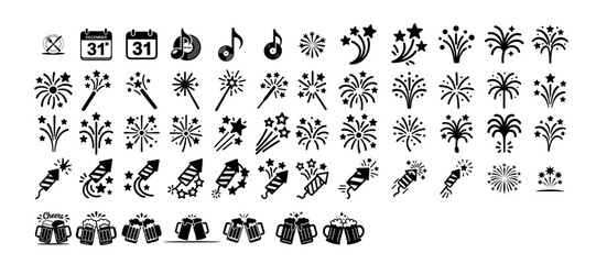 80+ set of New Year celebration firework ,mug , rocket, music vector stock