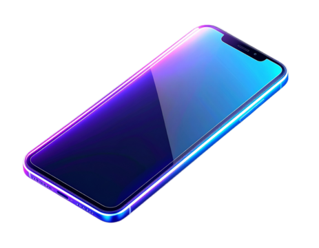 Isometric Neon-Glowing Smartphone with Holographic Interface, Isolated PNG