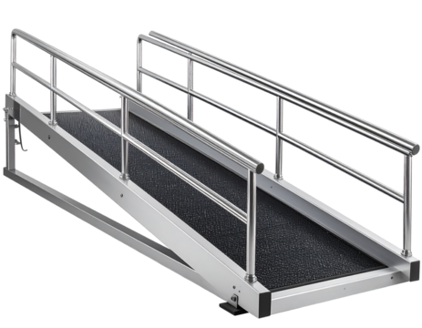 Straight Metal Wheelchair Access Ramp with Dual Handrails, Isolated on Transparent Background