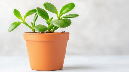 Obraz premium Jade plant in terracotta pot on white background Close up view of vibrant green succulent