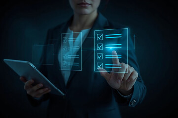 Businessman finger selecting checklist item on virtual interface, representing task management, productivity, planning, decision making, and digital workflow in modern business.