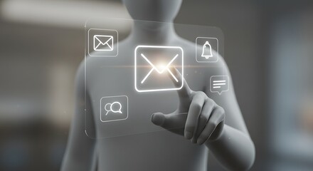 Interactive Email Interface: Mannequin Hand Touching Glowing Digital Icons