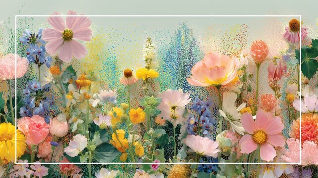 Colorful wildflower meadow with diverse blooms, white rectangular frame, dotted pastel background, and vibrant hues – ideal for wallpaper, poster, nature decor, artistic floral designs