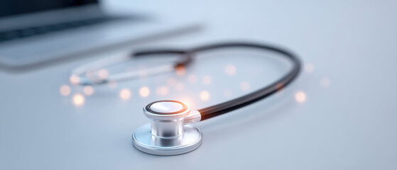 Stethoscope on white surface with soft glowing light effects, medical equipment symbolizing healthcare and diagnosis