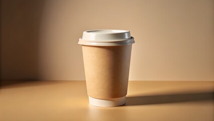 A disposable paper coffee cup with a lid sits on a beige table