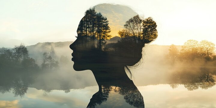 A creative double exposure portrait blending a face with a scenic landscape