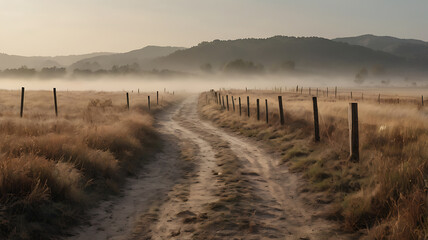 A narrow road or pathway cutting through a vast brown field on a misty morning. The field is covered in dry grass or autumn tones, with soft fog gently veiling the background. Use natural light  