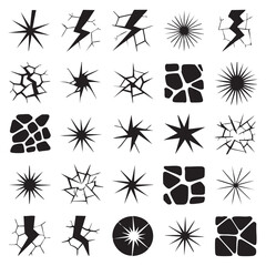 Collection of black abstract starburst and crack graphic icons on white background