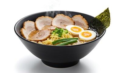 Steaming Bowl of Delicious Ramen Noodles with Chashu Pork and Soft Boiled Eggs