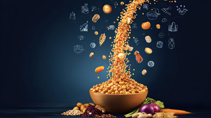 Waterfall of colorful legumes cascading into bowl, surrounded by floating nutrition symbols.