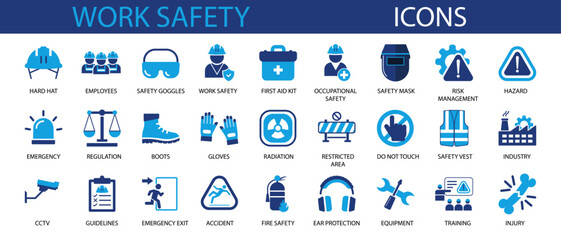 Work Safety Icon sheet Collection Set. Containing safety vest, protection, regulation, hazard, health, insurance, first aid kit Icon. Simple Flat Vector. Blue Color Style, sign symbol, logo style