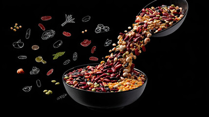 Waterfall of colorful legumes cascading into bowl, surrounded by floating nutrition symbols.