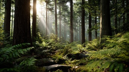 Obraz premium Sunbeams pierce through lush green forest trees illuminating ferns and mossy ground