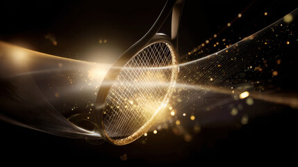 A floating tennis racket emitting golden waves that reverse time through its glowing strings.