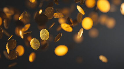 Golden confetti suspended in darkness, capturing the essence of celebration with dynamic energy