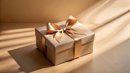 A beige gift box with a golden ribbon and bow sits in soft light
