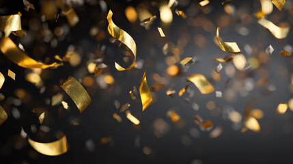 Golden confetti suspended in darkness, capturing the essence of celebration with dynamic energy