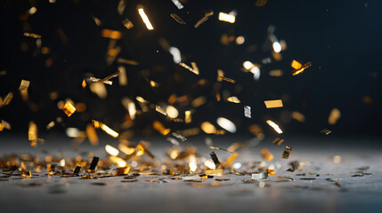 Golden confetti suspended in darkness, capturing the essence of celebration with dynamic energy