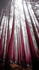 Misty forest of towering red-barked trees with sunbeams piercing through ancient canopy, conveying primordial serenity.