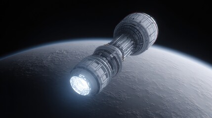 Futuristic spacecraft orbiting a planet