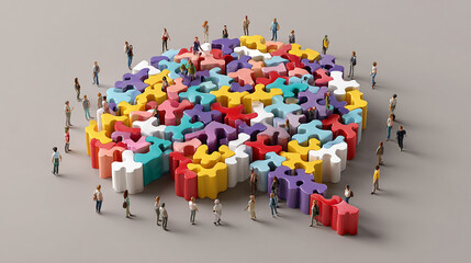 Abstract 3D illustration of colorful puzzle pieces forming a human brain shape with people standing around it